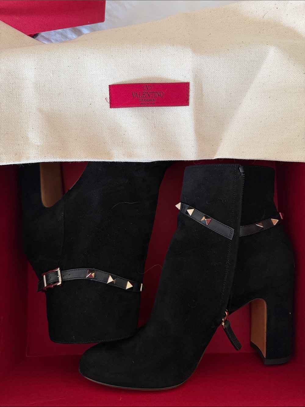 Valentino Garavani Black Suede Rockstud Strap Ankle Boots